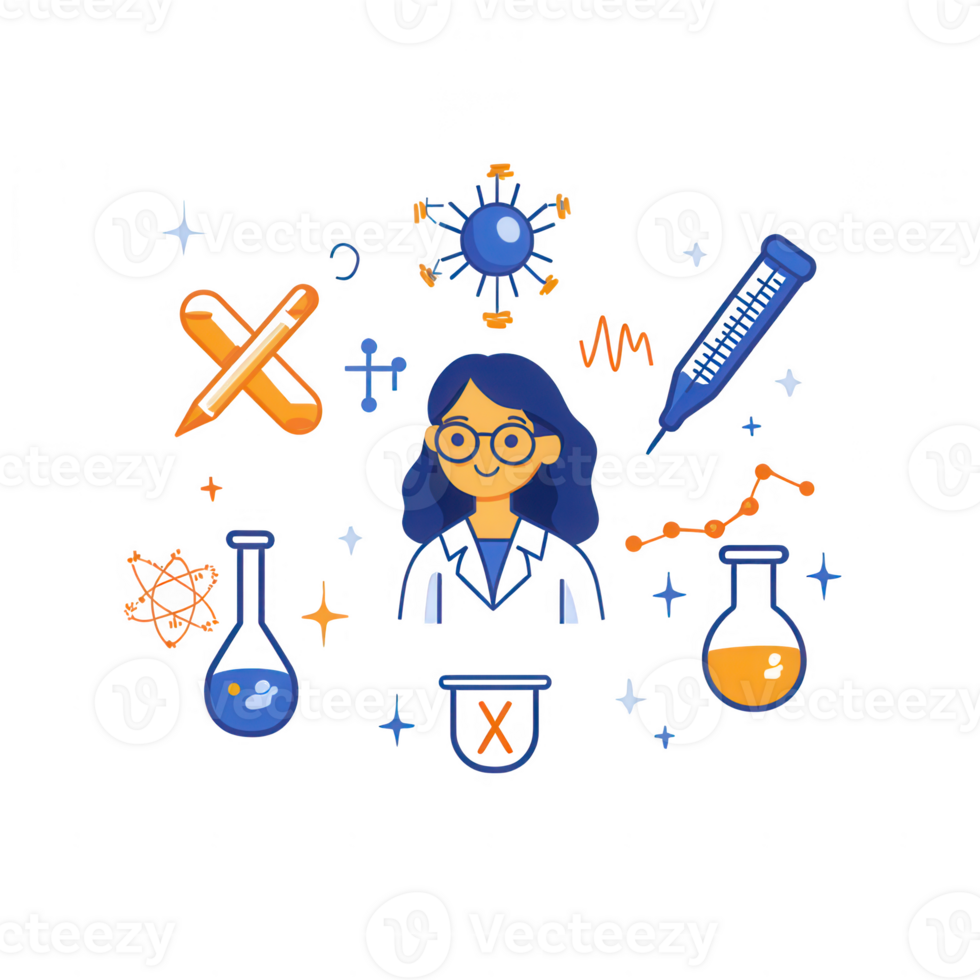 Illustration of a scientist with lab equipment, highlighting innovation and research. png
