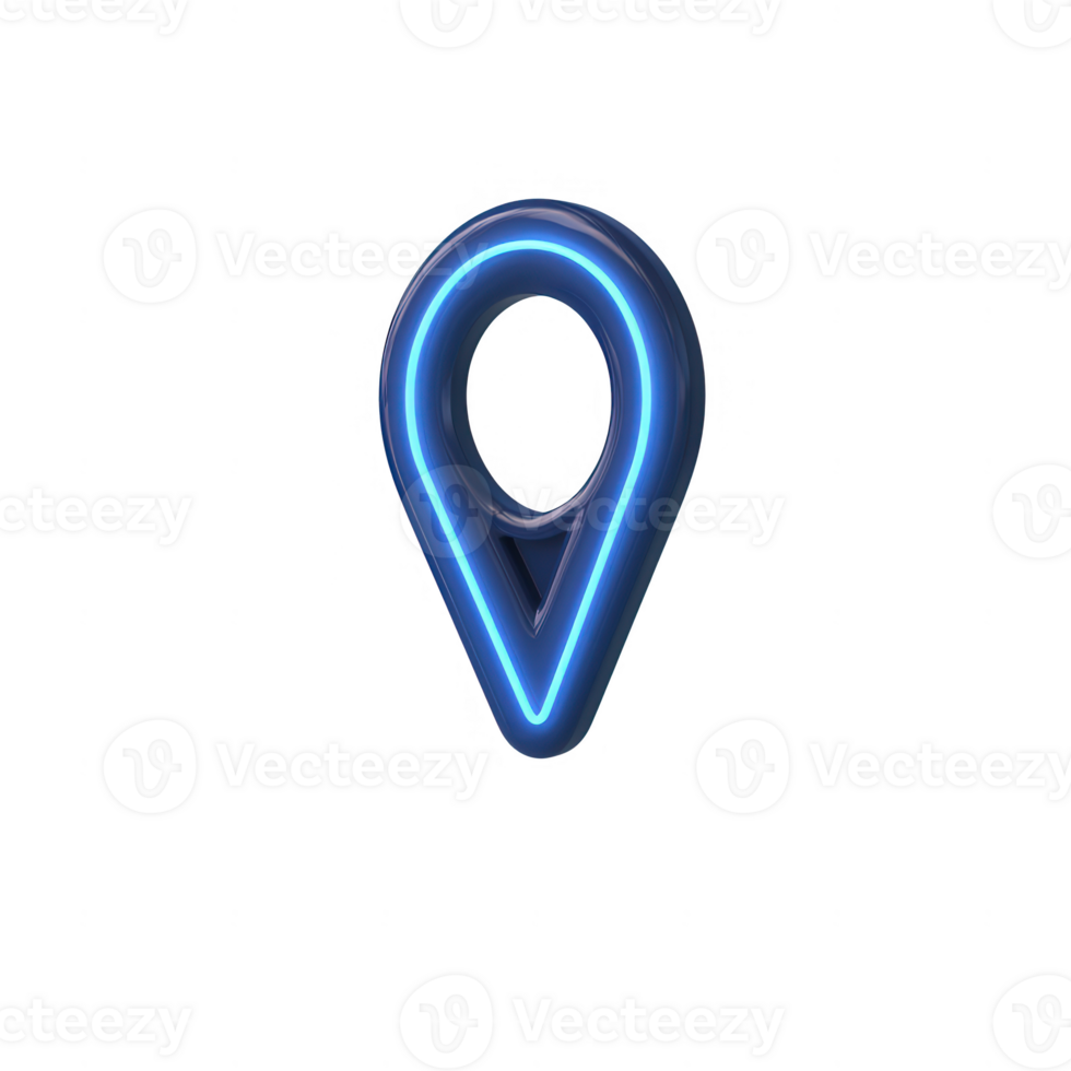 Neon blue location pin icon representing digital mapping and navigation. png