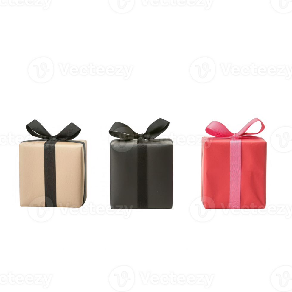 Three beautifully wrapped gift boxes in stylish colors with elegant ribbons. png