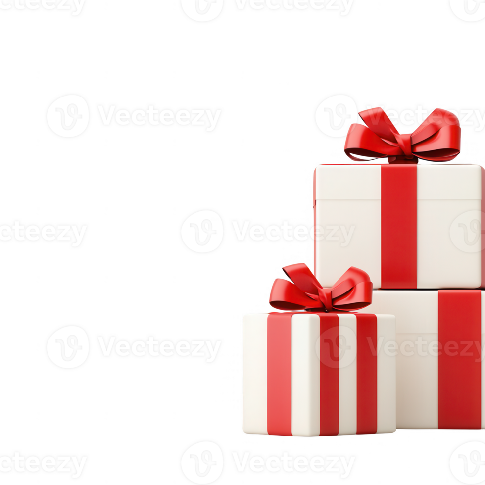 Three beautifully wrapped gifts with red ribbons on a clean background. png