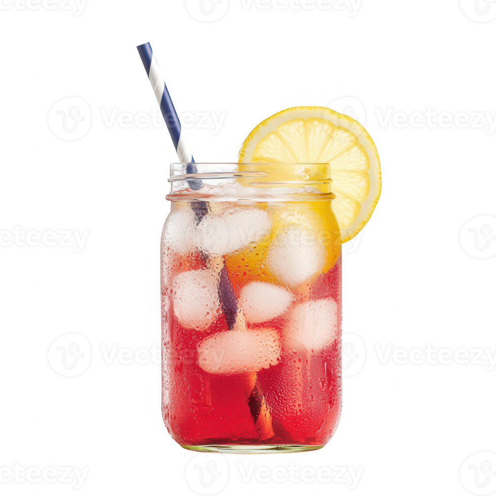 Refreshing iced beverage with lemon slices and ice cubes in a glass jar. png
