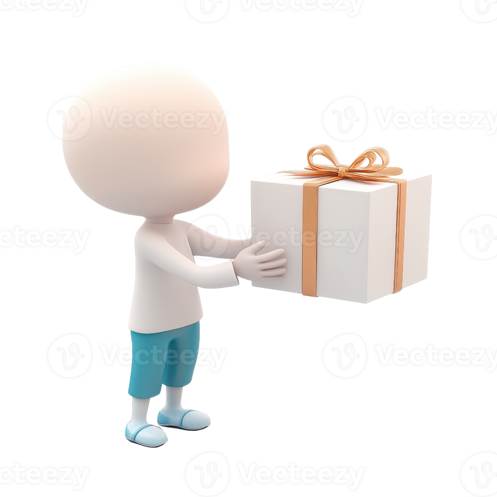 A 3D character presenting a gift box, symbolizing celebration and joy. png