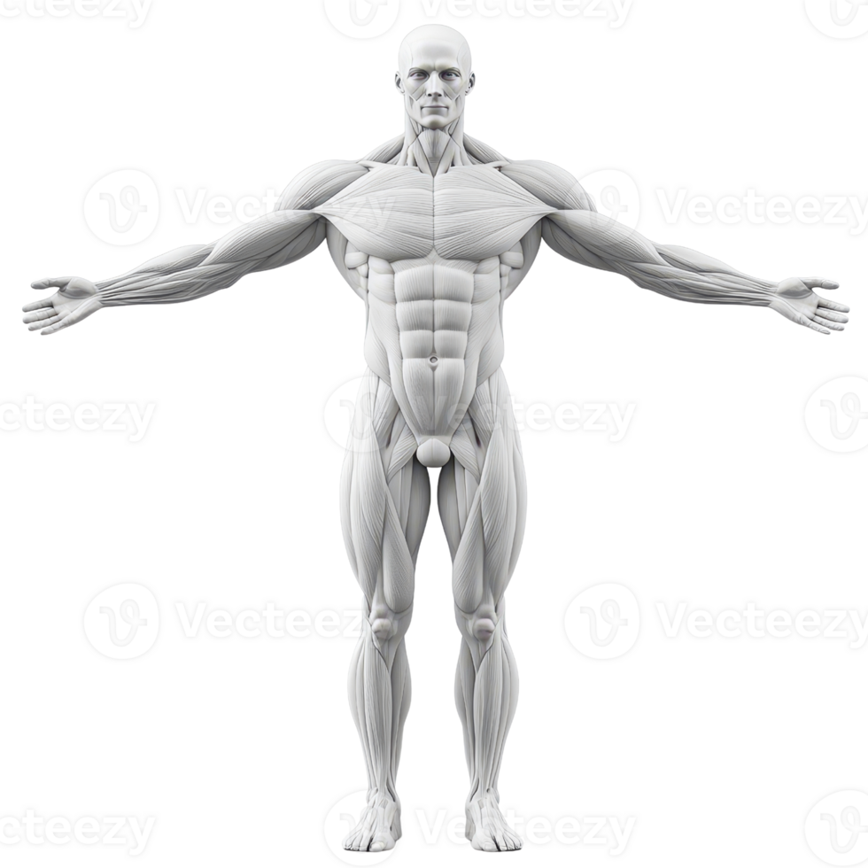3D model of a human anatomy showcasing muscular structure and proportions. png