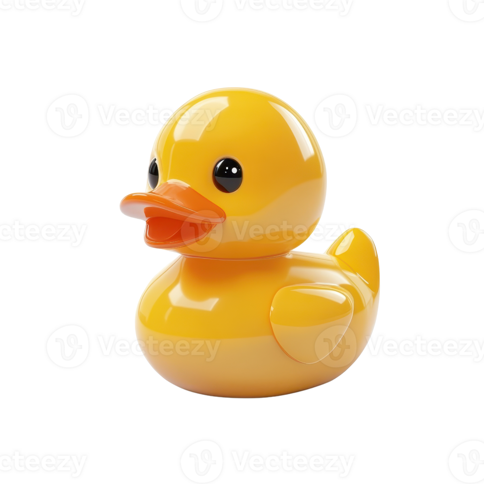 A bright yellow rubber duck toy floating on a white surface. png