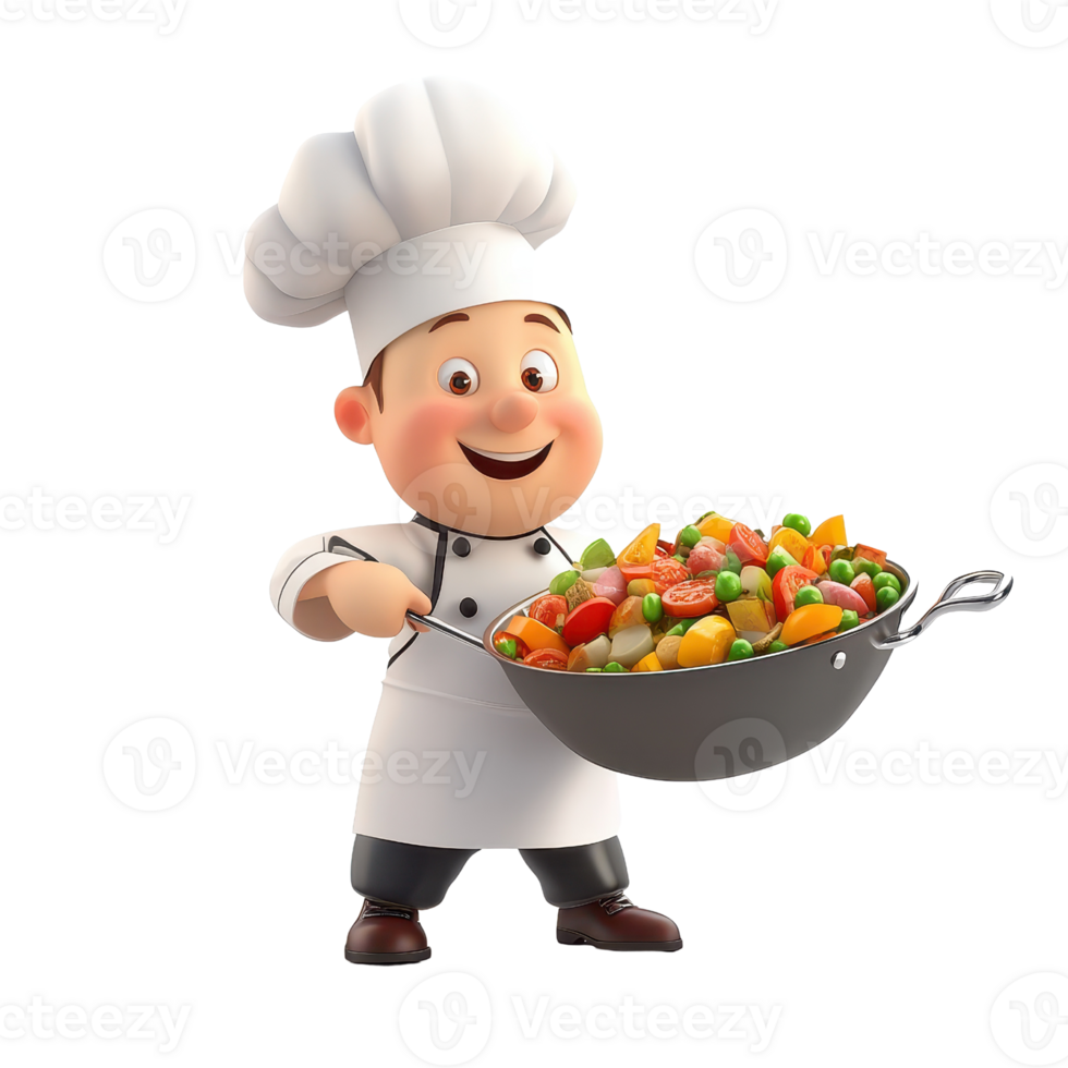 A cheerful cartoon chef joyfully presenting a colorful vegetable stir-fry in a pan. png
