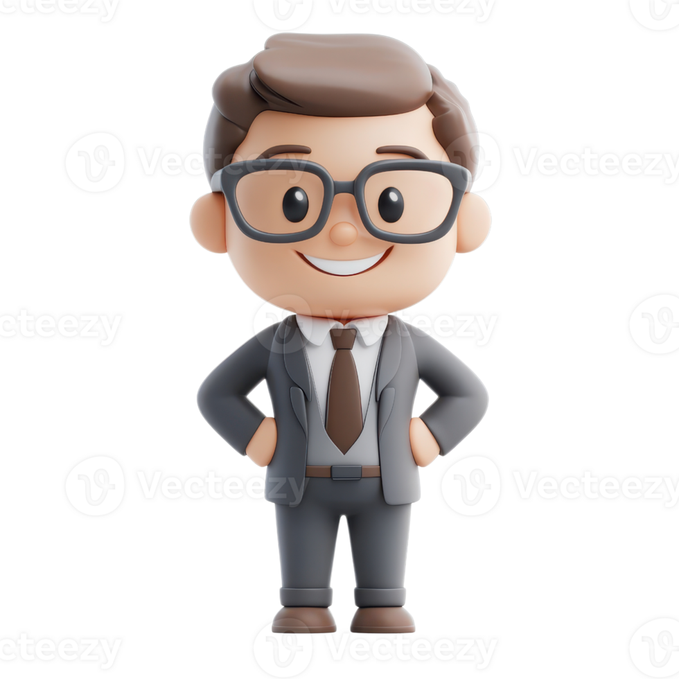 A cheerful cartoon businessman standing confidently with a smile. png