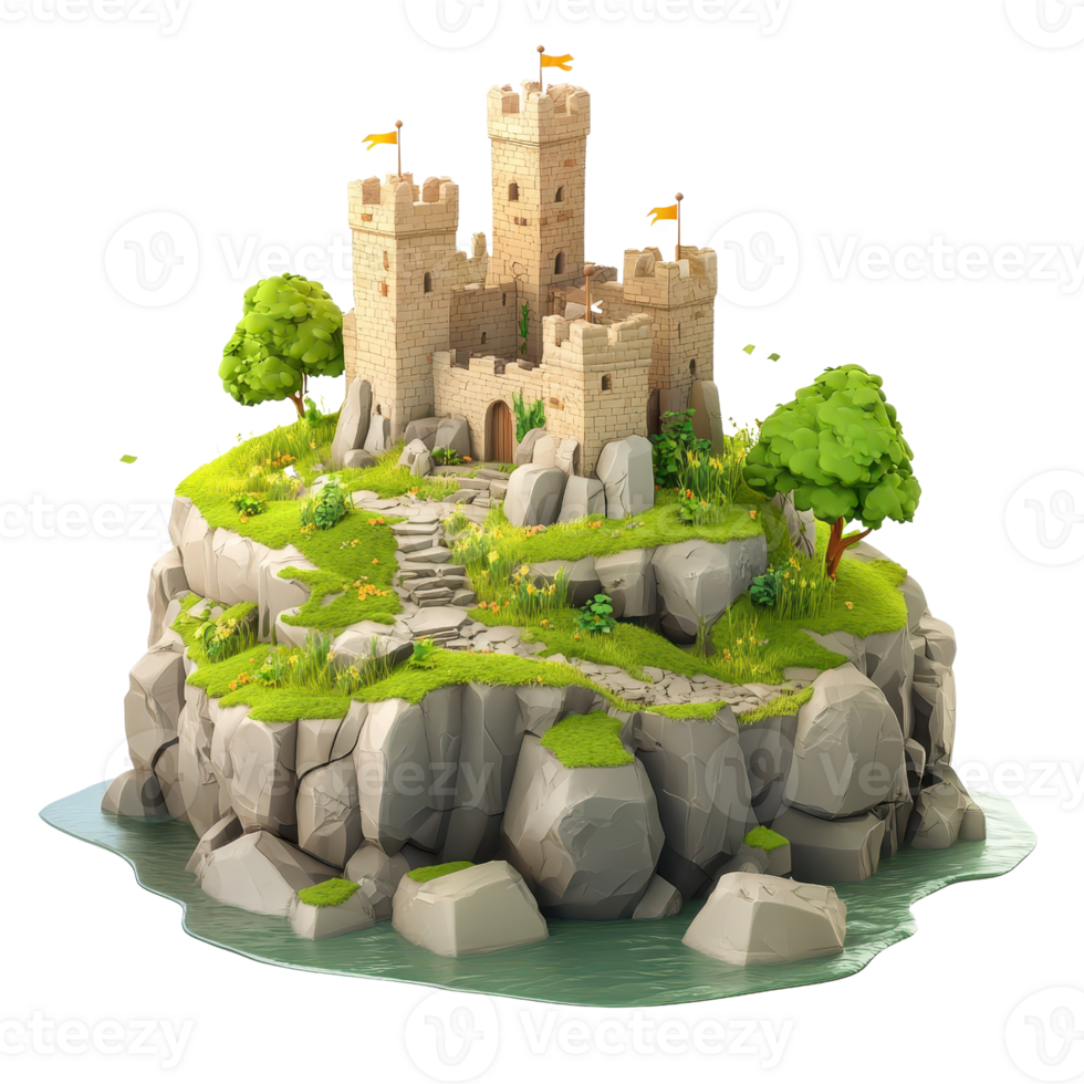 A beautiful medieval castle perched on a rocky island surrounded by lush greenery. png