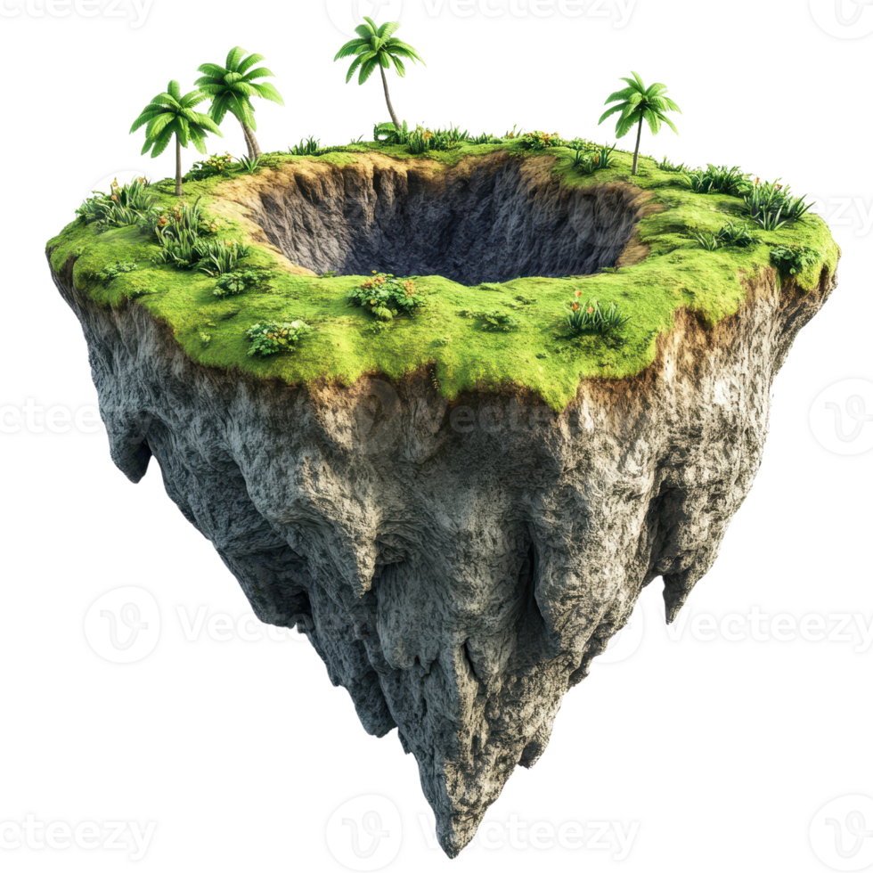 A breathtaking floating island lush with greenery and palm trees. png