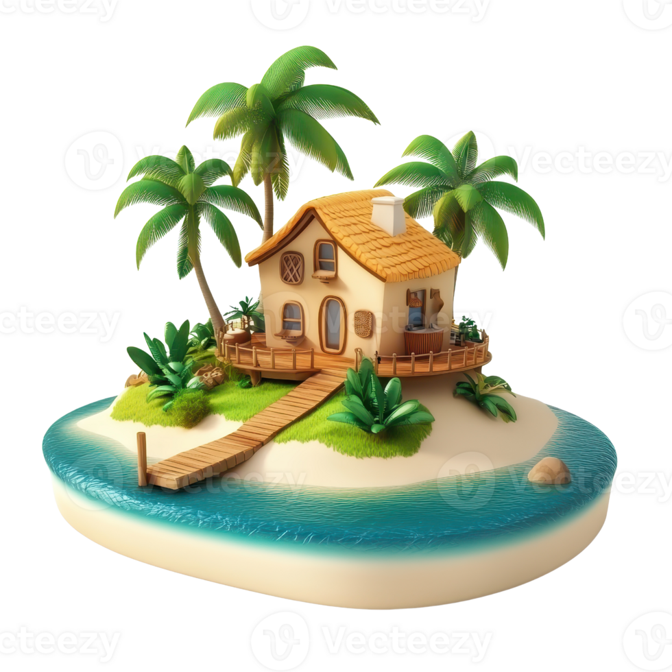 A charming beach house surrounded by lush palm trees and tropical plants. png