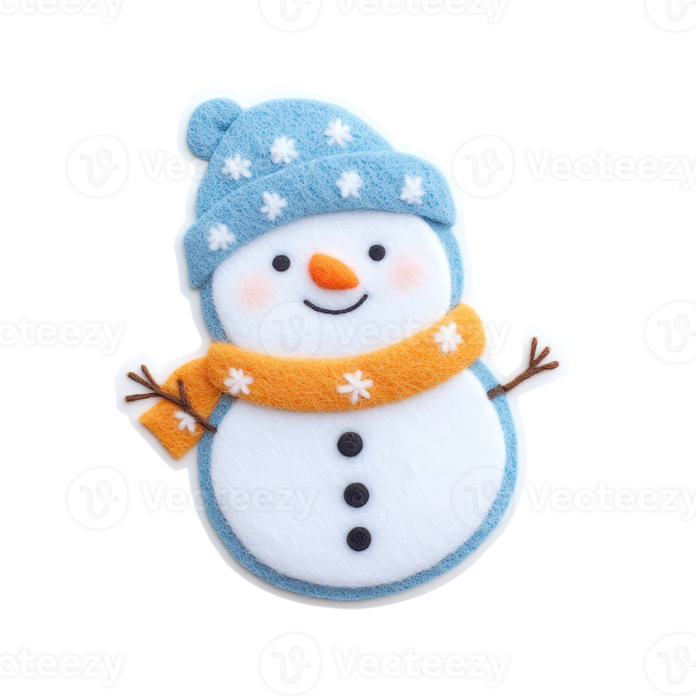 A cheerful snowman wearing a blue hat and orange scarf, perfect for winter decorations. png