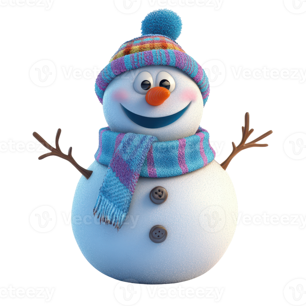 A cheerful snowman with a colorful hat and scarf, ready for winter fun. png