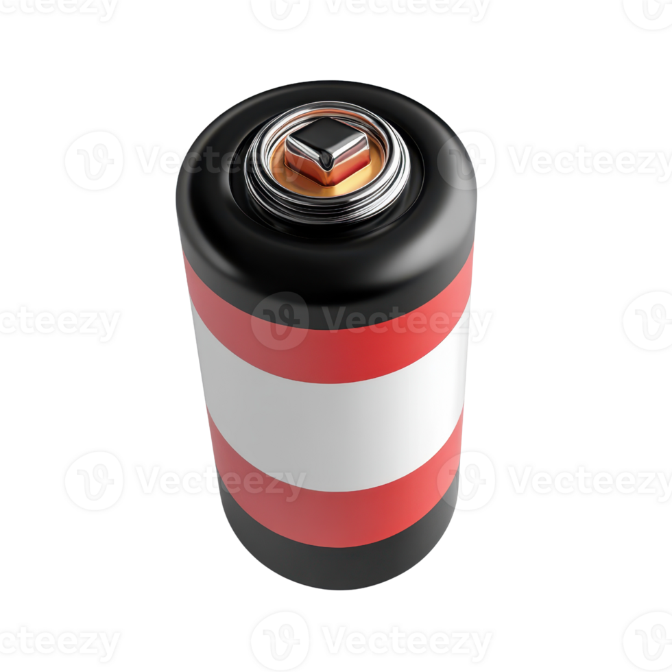 A close-up view of a cylindrical battery with distinct red and white stripes. png