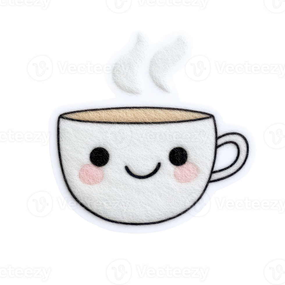 A cute illustration of a smiling coffee cup with steam rising above. png
