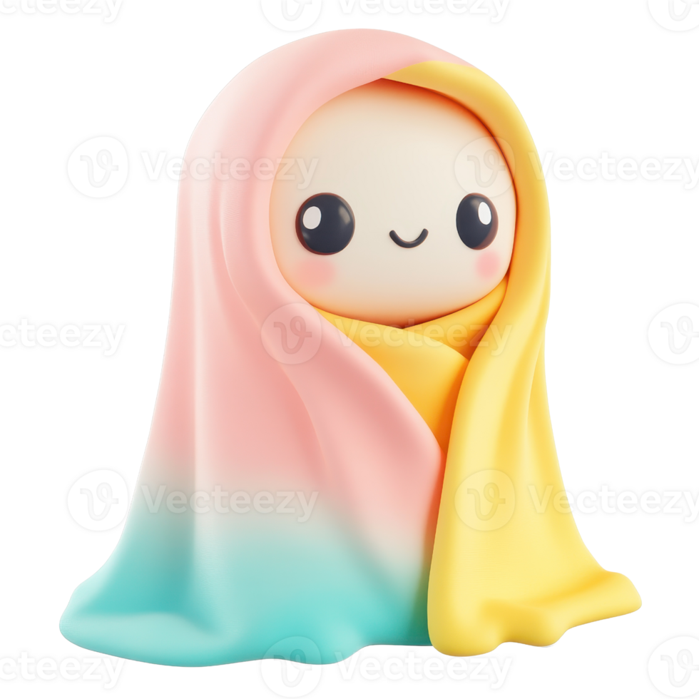 A cute character wrapped in a colorful blanket, exuding warmth and comfort. png