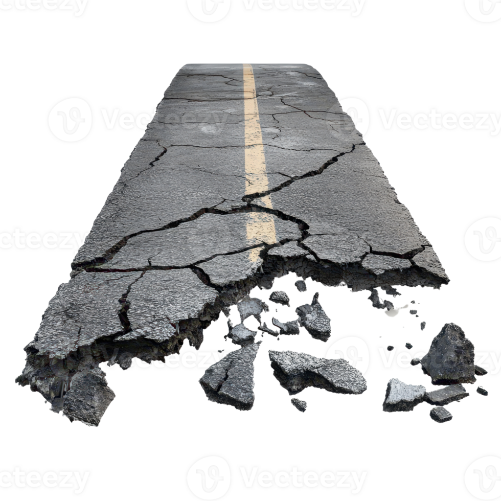 A cracked and damaged road symbolizing infrastructure decay and neglect. png