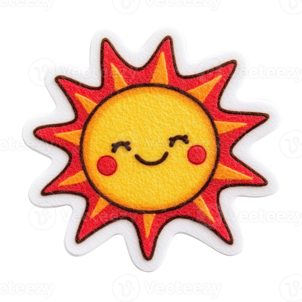 A cheerful sun illustration with a smiling face and vibrant rays, radiating warmth. png