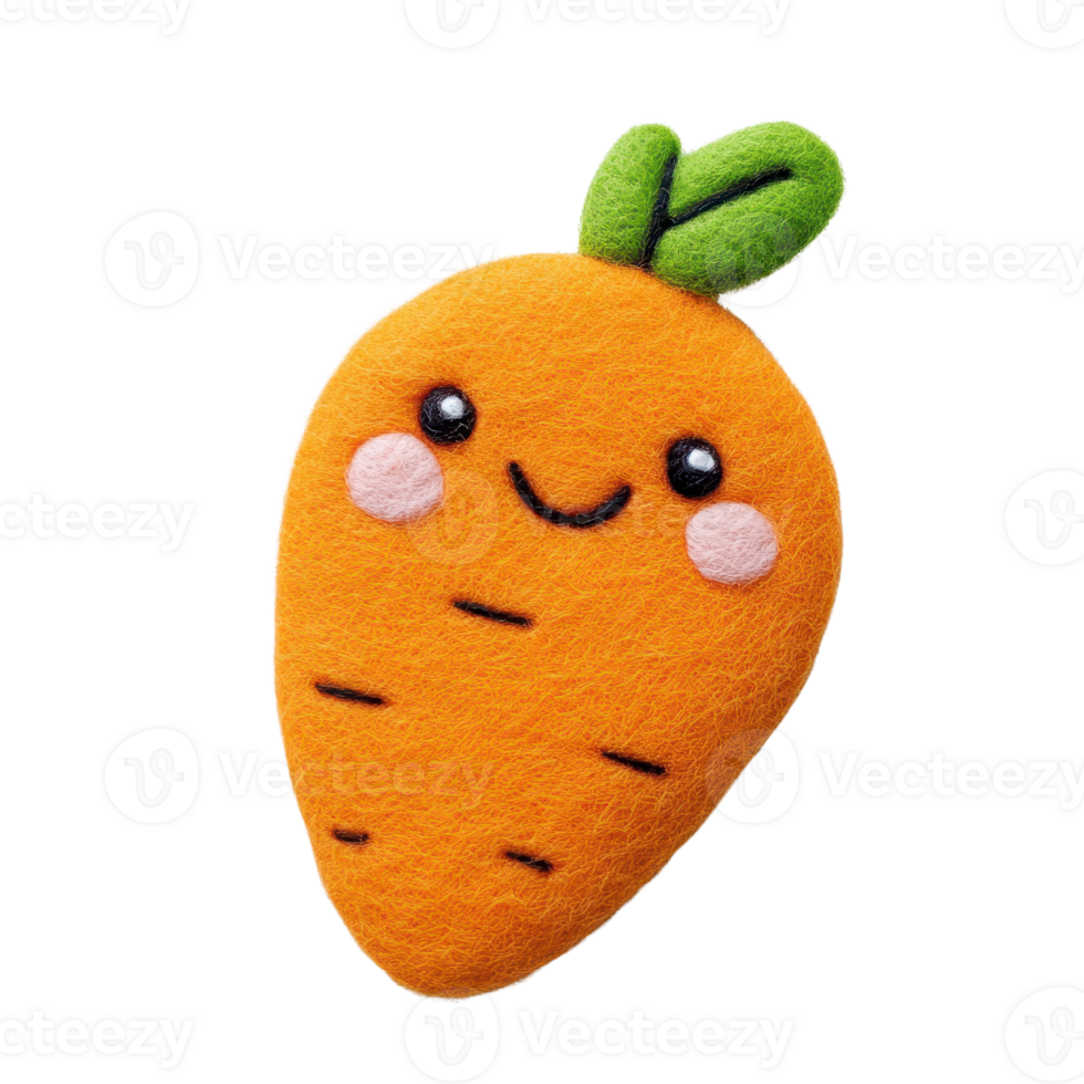 A cute and cheerful plush carrot with a smiling face and green leaves. png