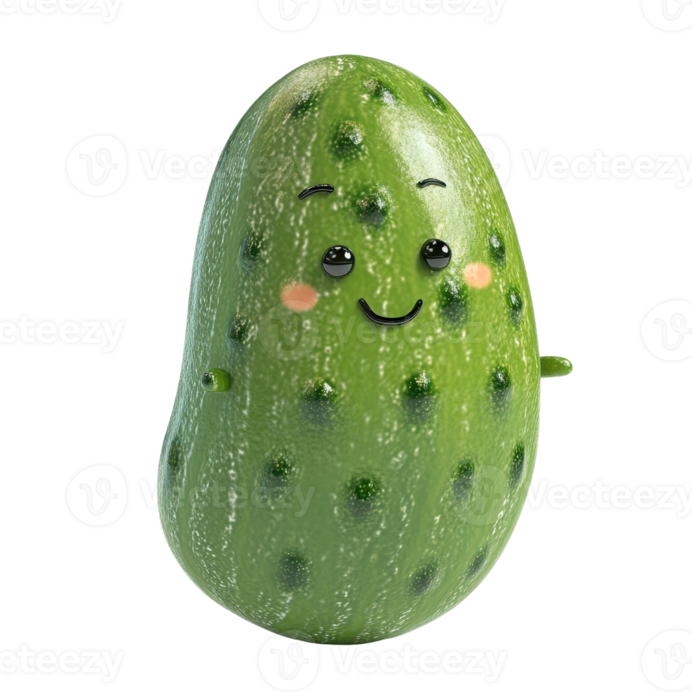 A cute cartoon-style pickle character with a smiling face, vibrant green color. png