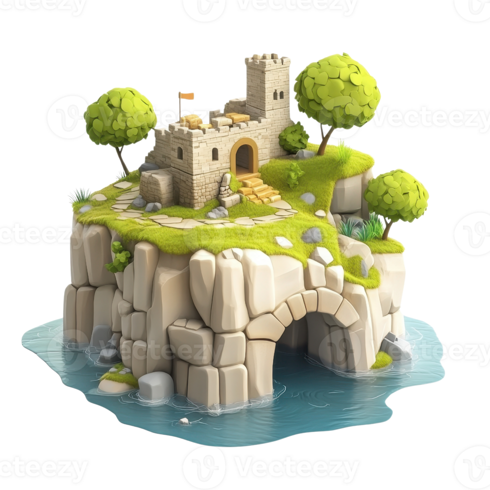 A picturesque castle on a rocky island surrounded by a calm sea and lush trees. png