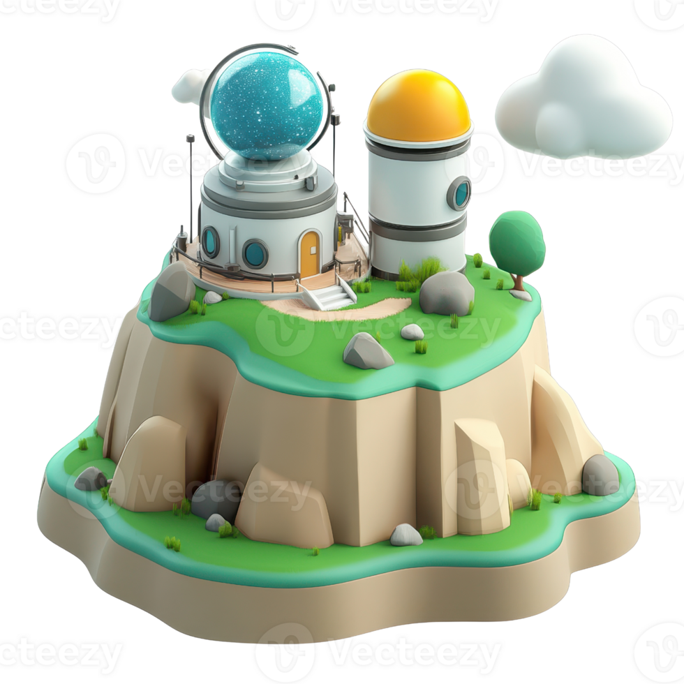 A futuristic observatory on a colorful terrain under a blue sky with clouds. png