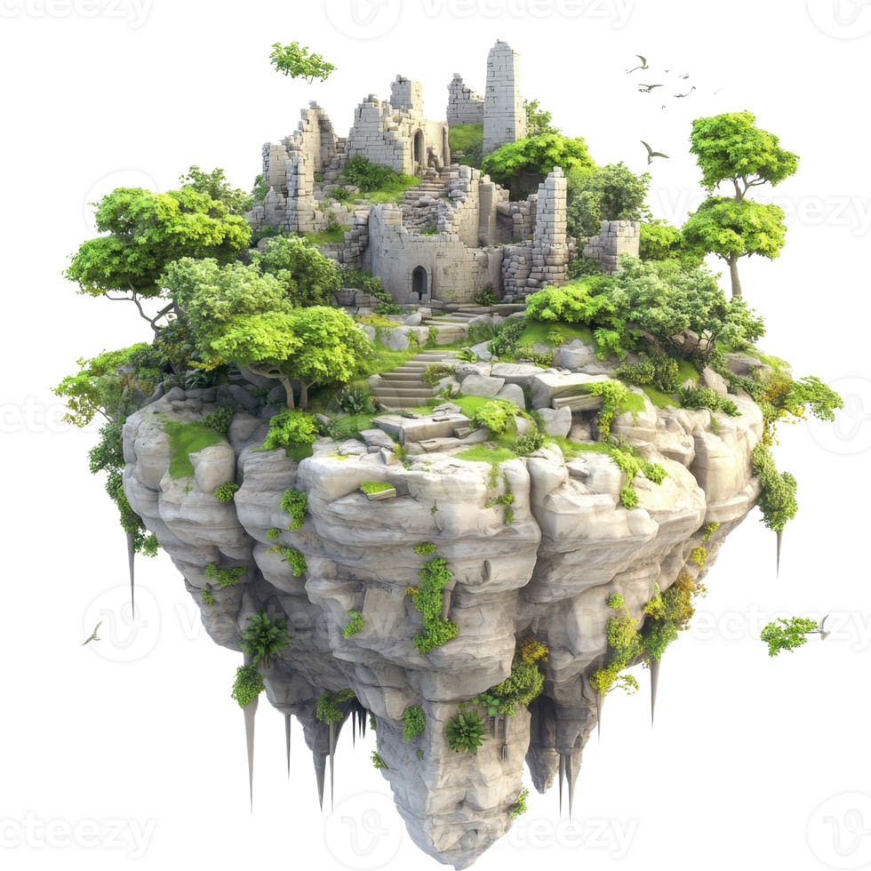 A mystical floating island with ancient ruins and lush greenery, evoking fantasy and adventure. png