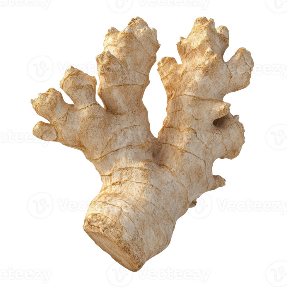A detailed close-up of fresh ginger root showcasing its unique texture and shape. png