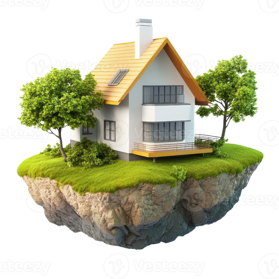 A modern house surrounded by greenery, floating on a small island of rock. png