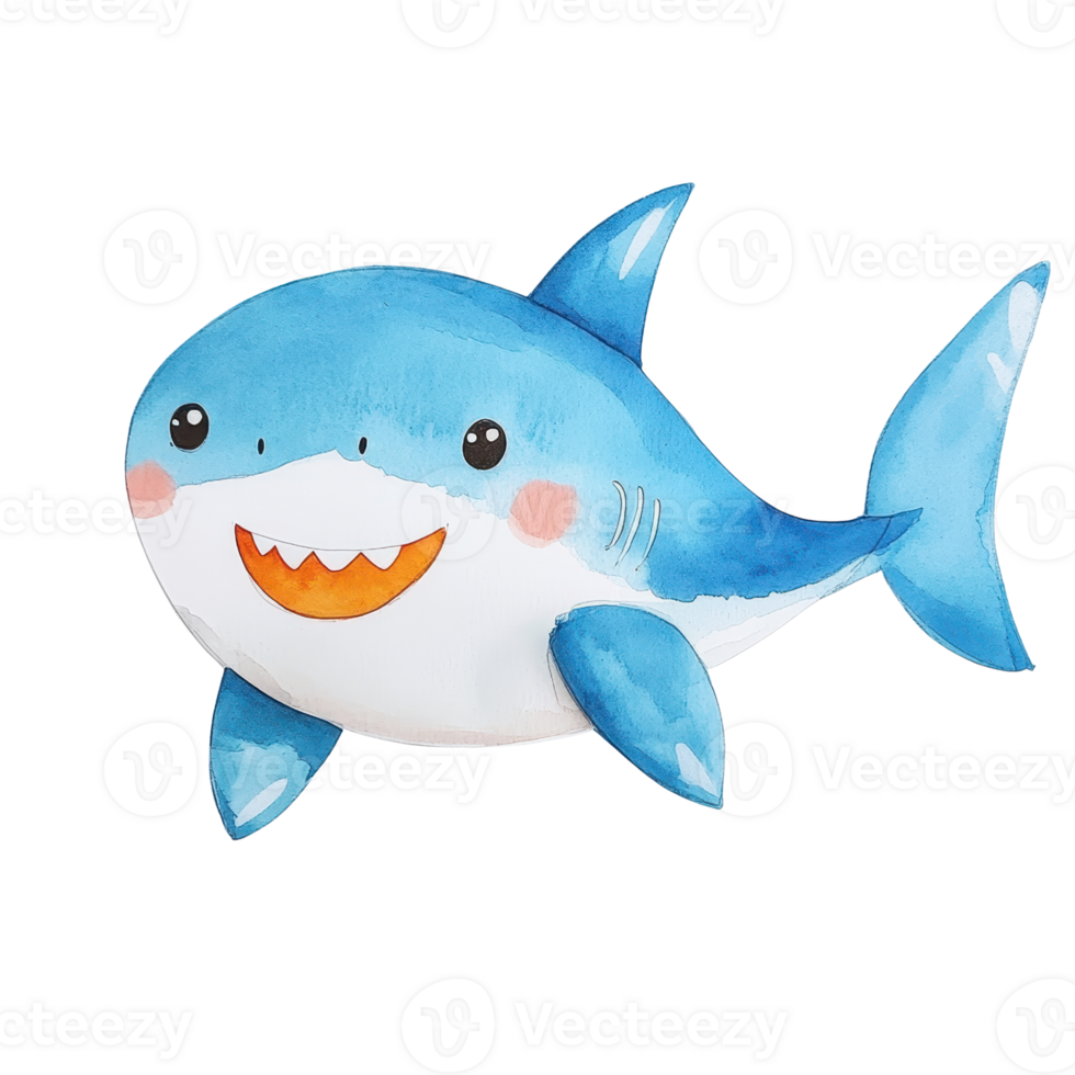 A cute, cartoon-style blue shark with a friendly smile and playful demeanor. png