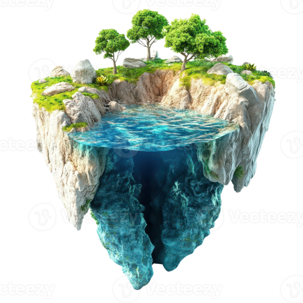 A floating island showcasing lush greenery and serene waters, representing natural beauty. png