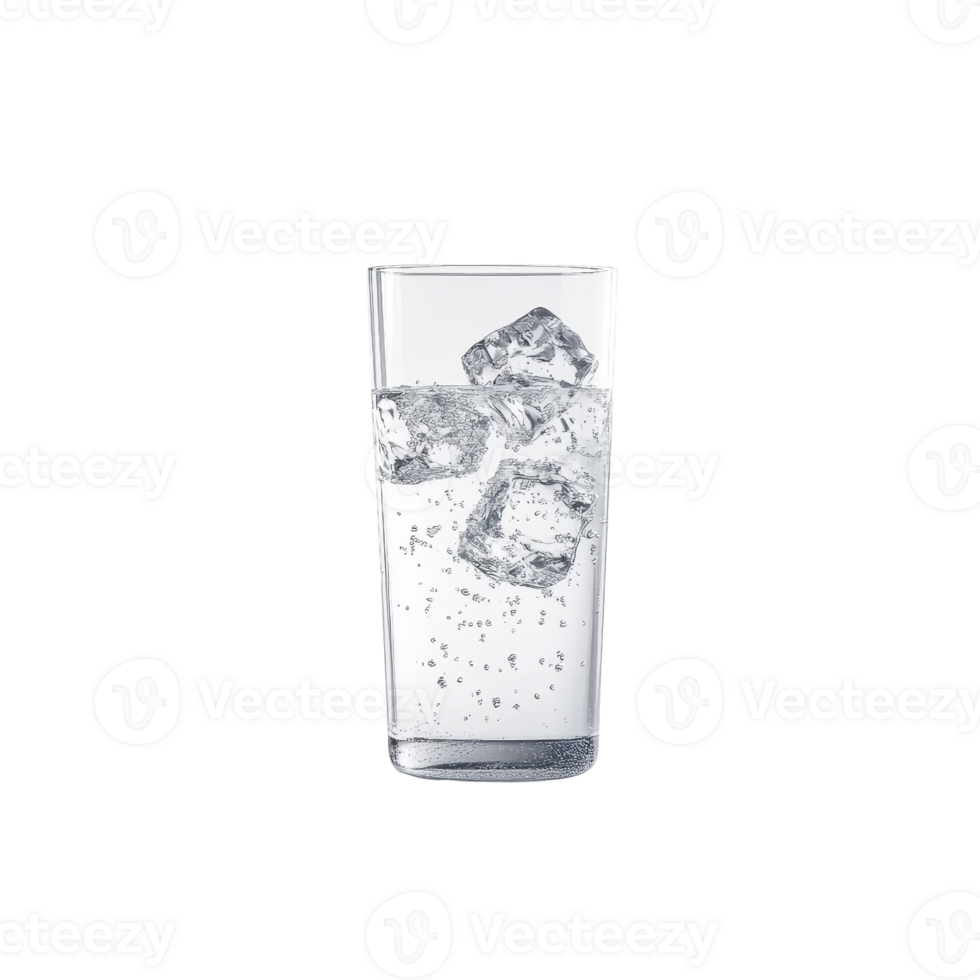 A refreshing glass of sparkling water with ice cubes, perfect for a hot day. png