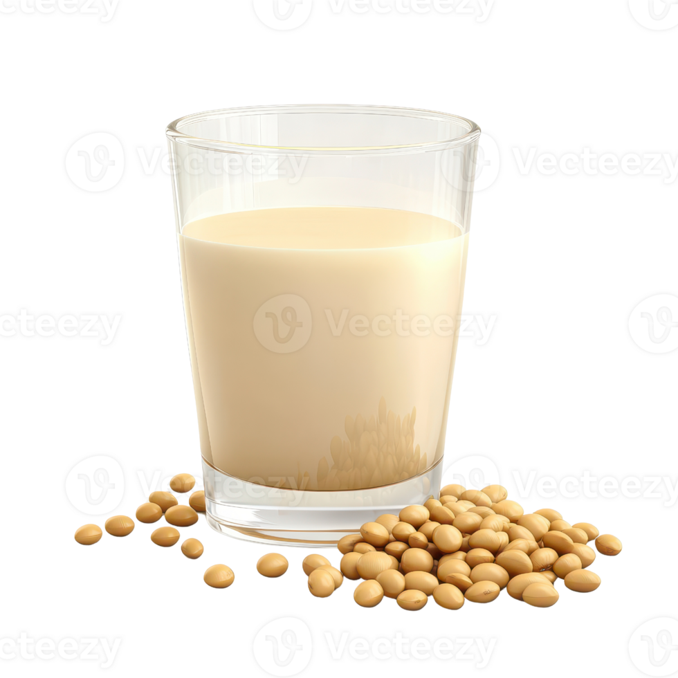 A refreshing glass of soy milk beside scattered soybeans, healthy and nutritious choice. png