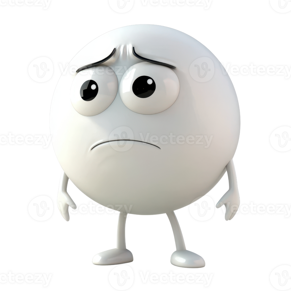 A sad, cartoonish character with big expressive eyes and a round shape. png