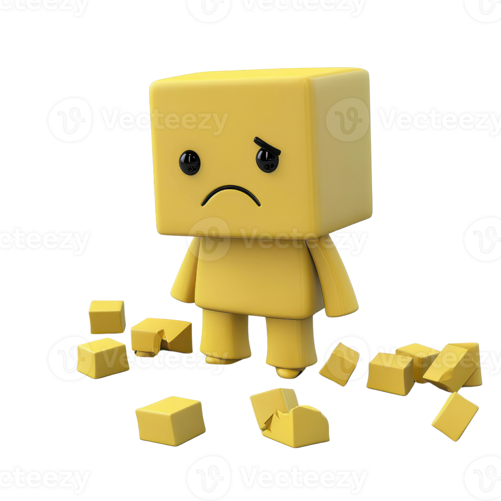 A sad yellow character surrounded by broken blocks, representing feelings of loss. png