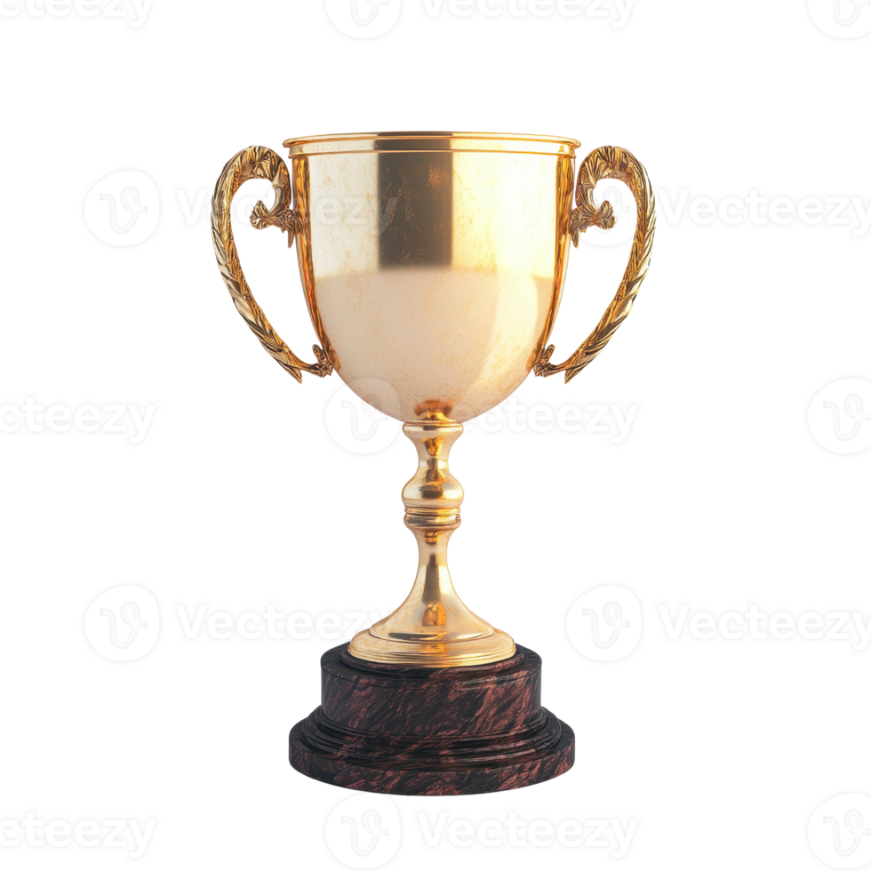 A shiny gold trophy with intricate details resting on a dark wooden base. png