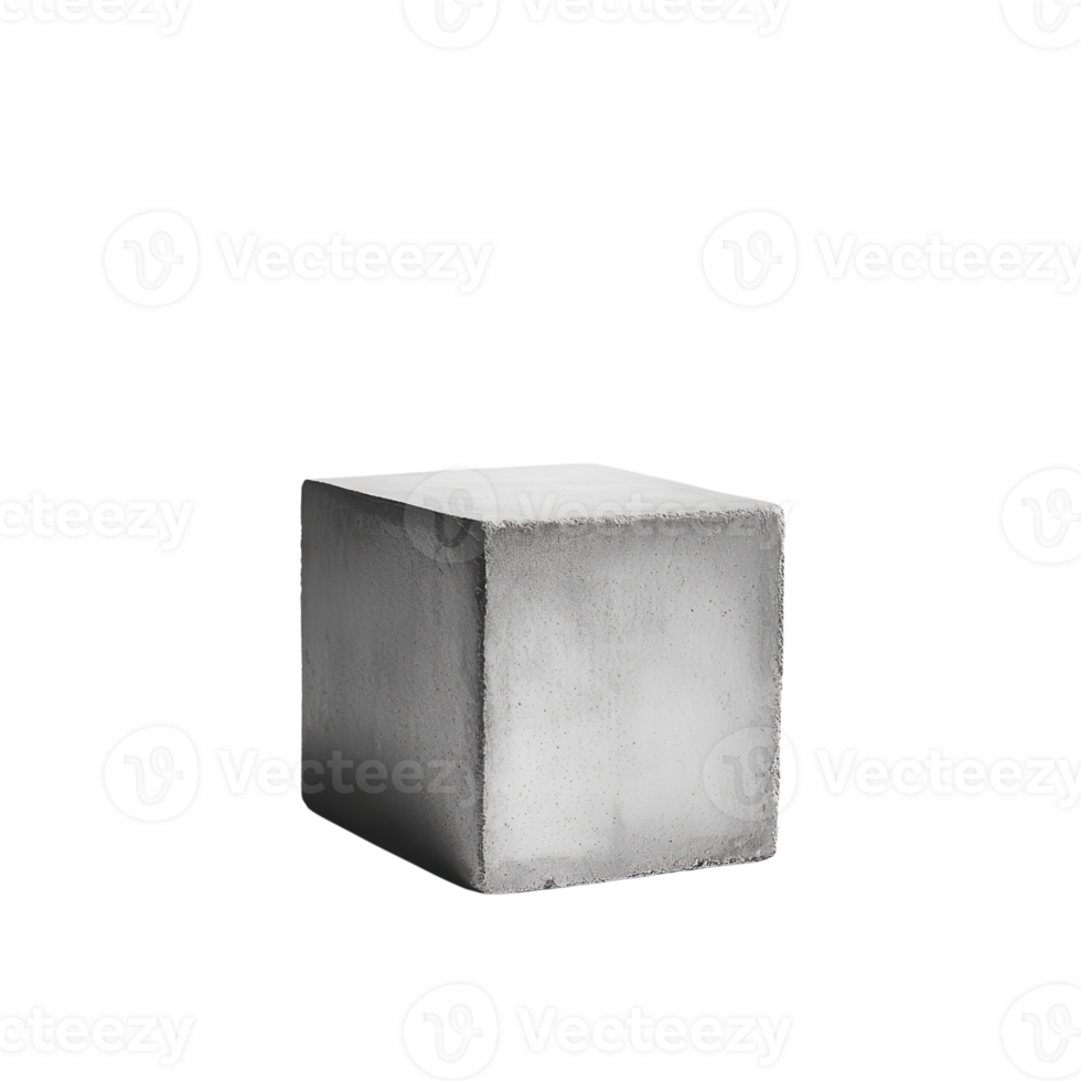 A simple, gray concrete cube on a white background, emphasizing minimalist design. png