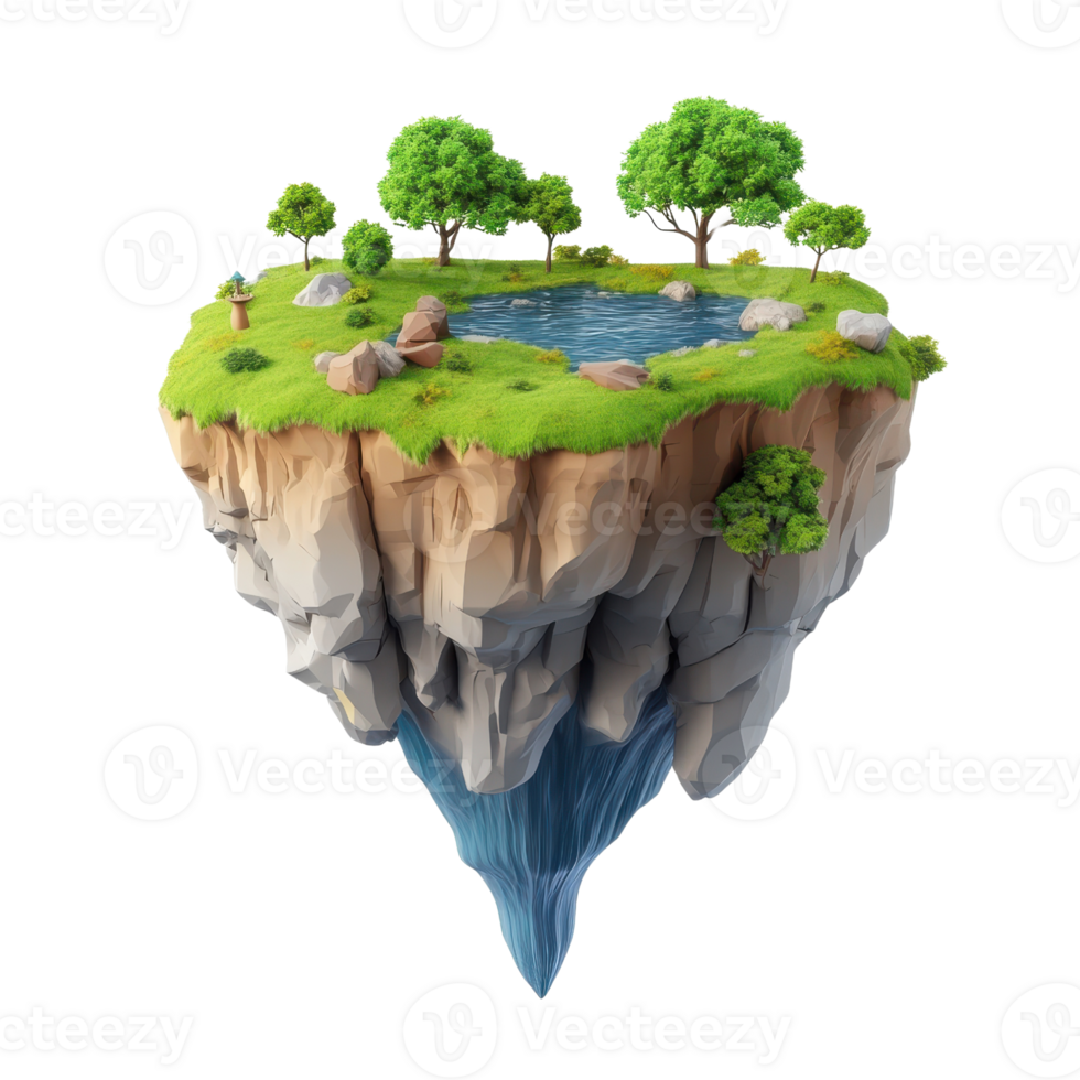 A serene floating island with lush greenery and a tranquil water pool. png