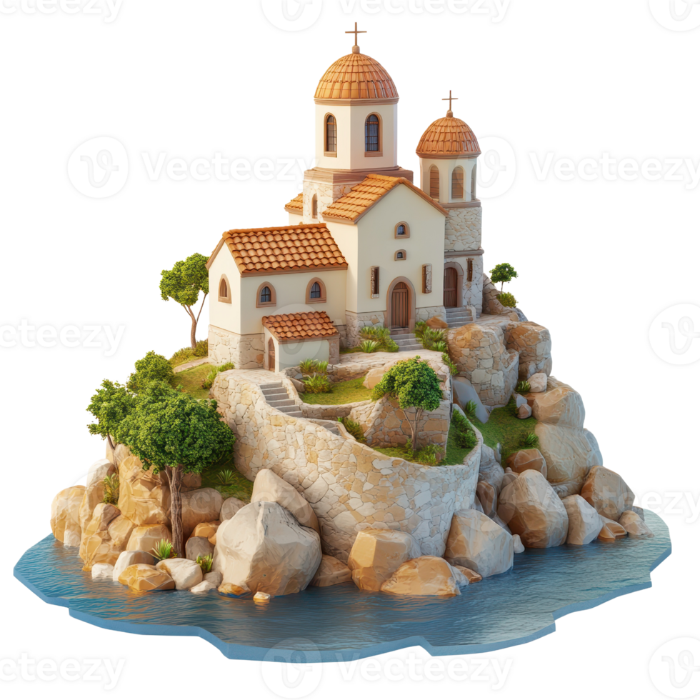 A serene coastal village with charming houses nestled on rocky terrain by the sea. png