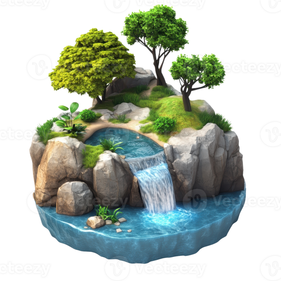 A serene landscape featuring a waterfall surrounded by lush greenery and rocks. png