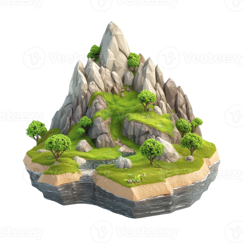 A scenic view of a lush green mountain landscape with rocks and trees. png