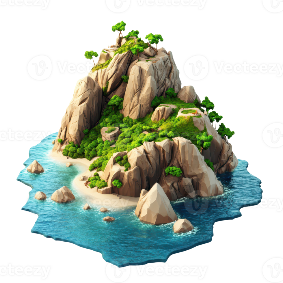 A serene tropical island featuring lush greenery and rocky cliffs by the crystal-clear water. png