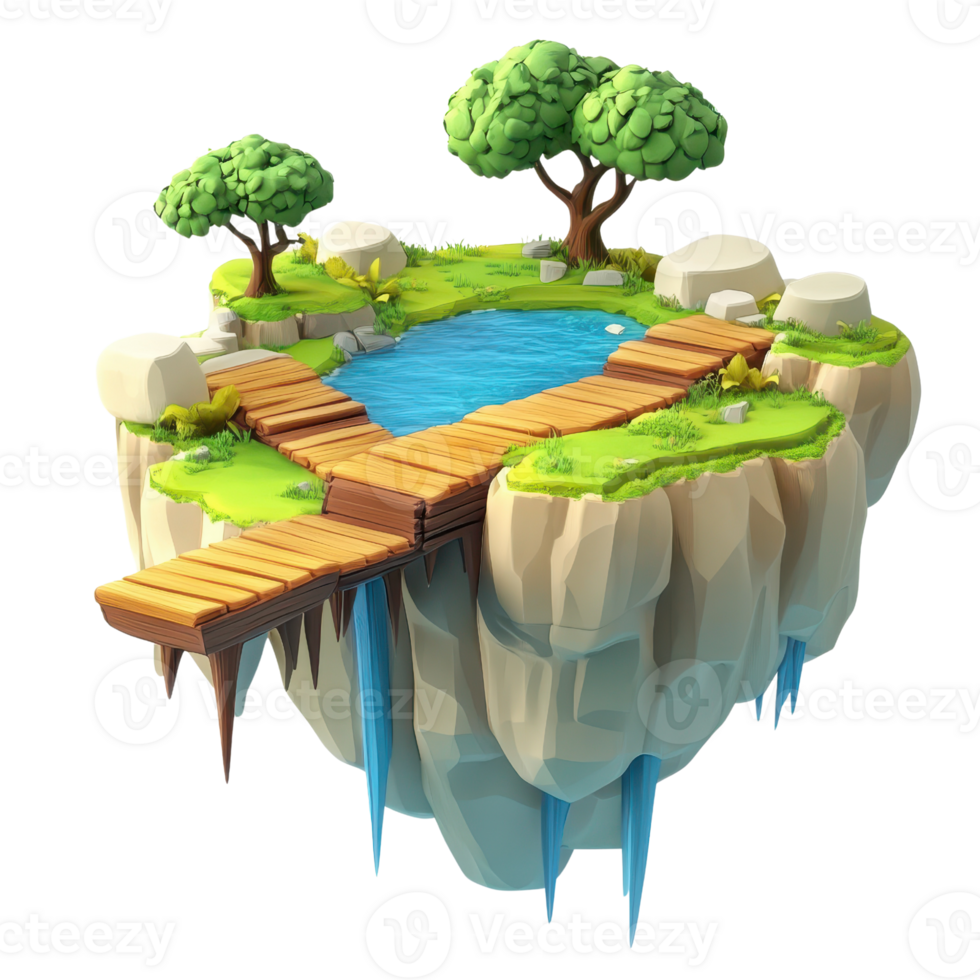 A serene floating island with a pond, trees, and wooden walkway surrounded by nature. png