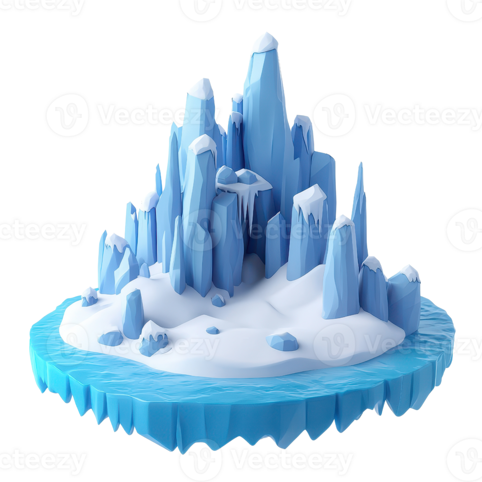 A stunning ice mountain landscape with icy peaks and blue waters. png