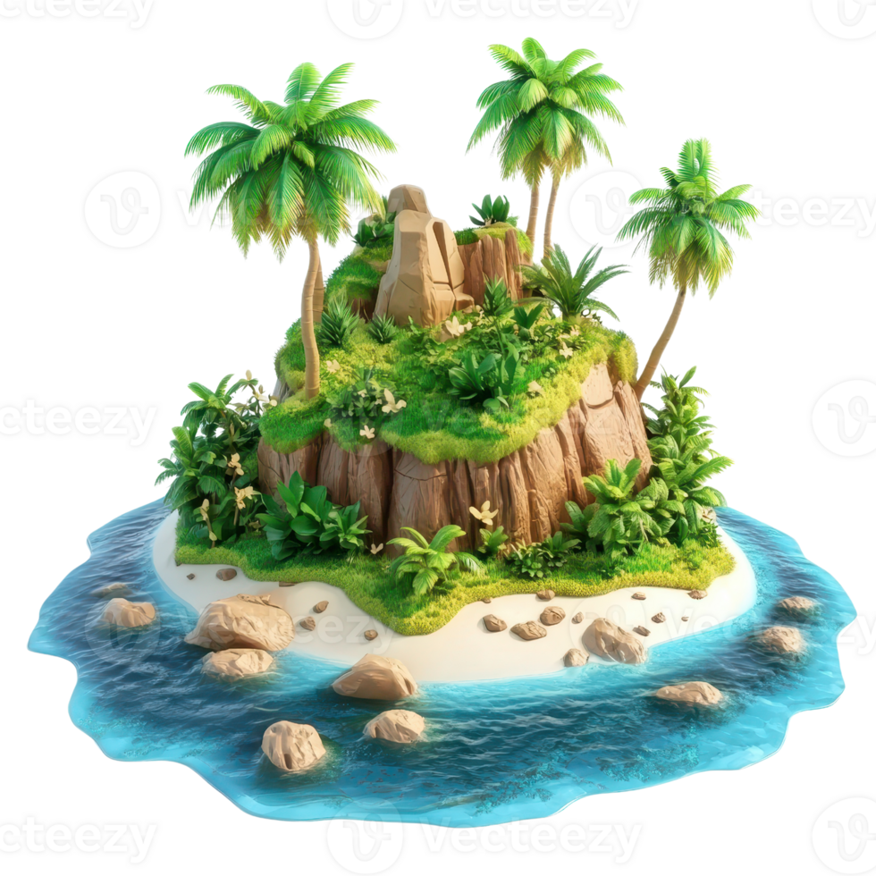 A serene tropical island with lush palm trees and clear blue water. png