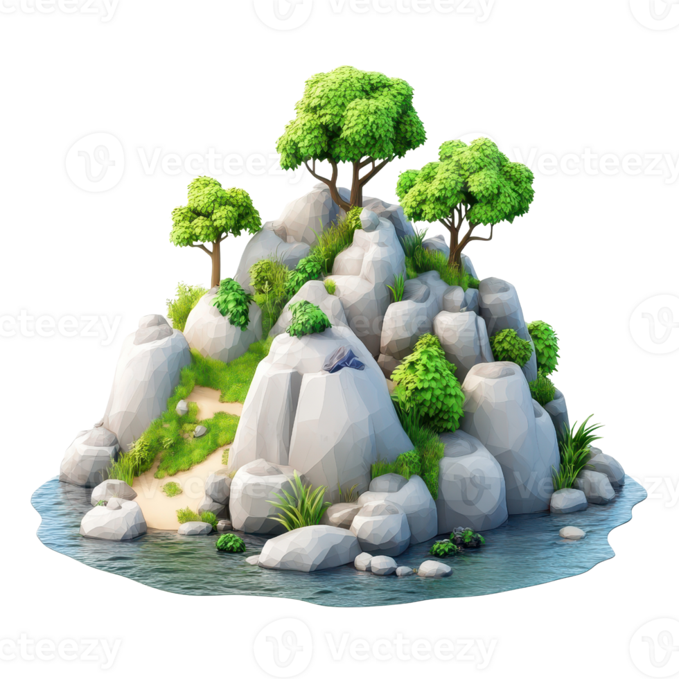 A serene island landscape featuring rocks and lush greenery by the tranquil water. png
