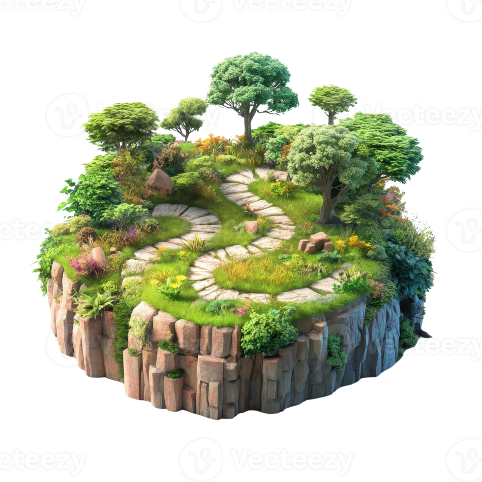 A serene landscape featuring a winding path through lush greenery and rocky terrain. png
