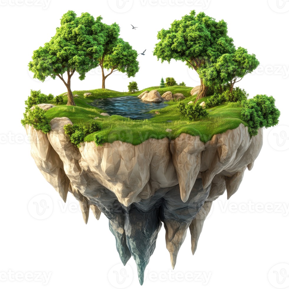 A serene floating island with lush greenery and a tranquil pond, perfect for relaxation. png