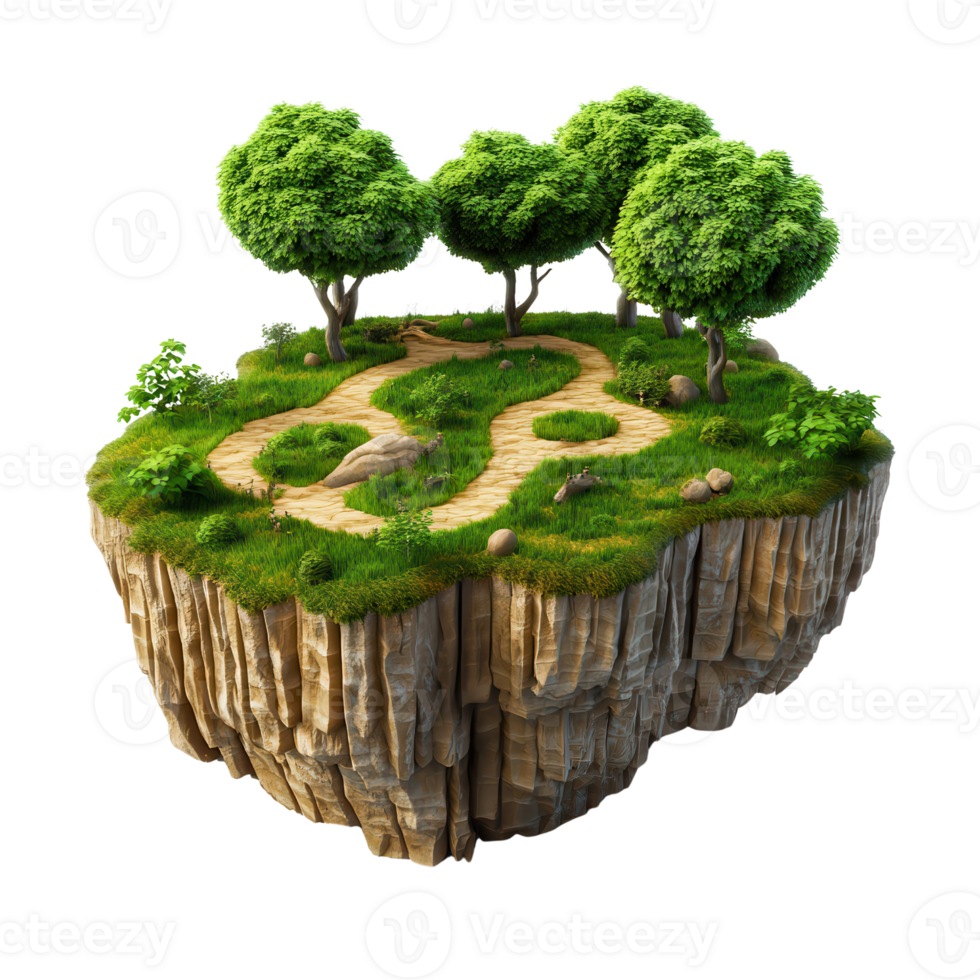 A serene floating island with lush trees and a winding path invites nature lovers. png