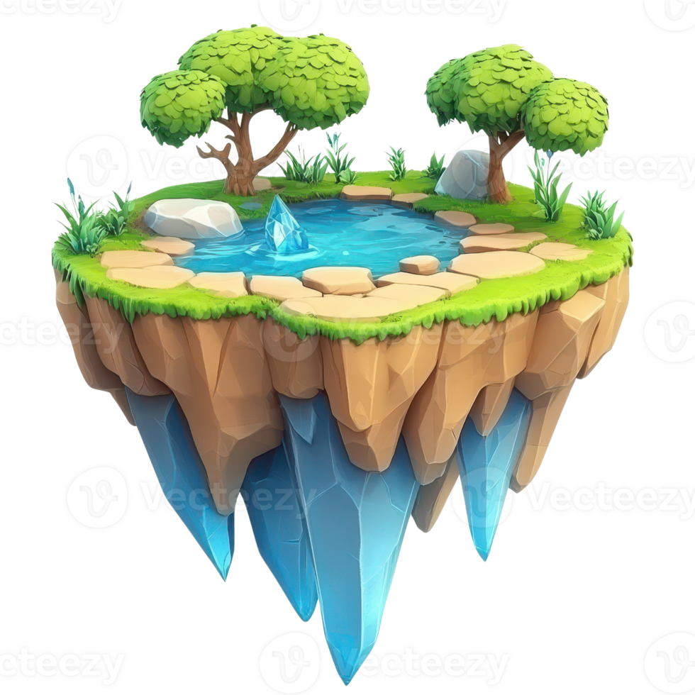 A serene floating island with trees and a pond, showcasing nature's beauty and tranquility. png