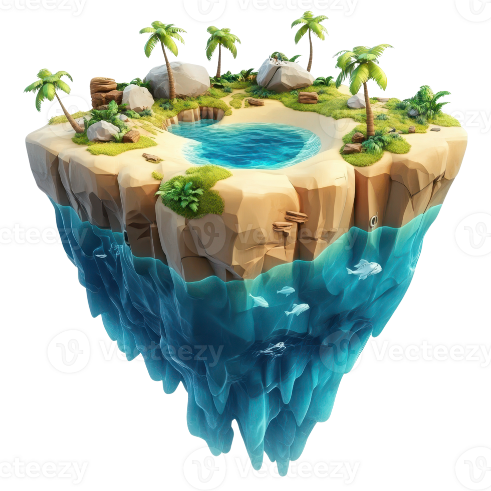 A serene floating island with palm trees and a tranquil pool surrounded by water. png