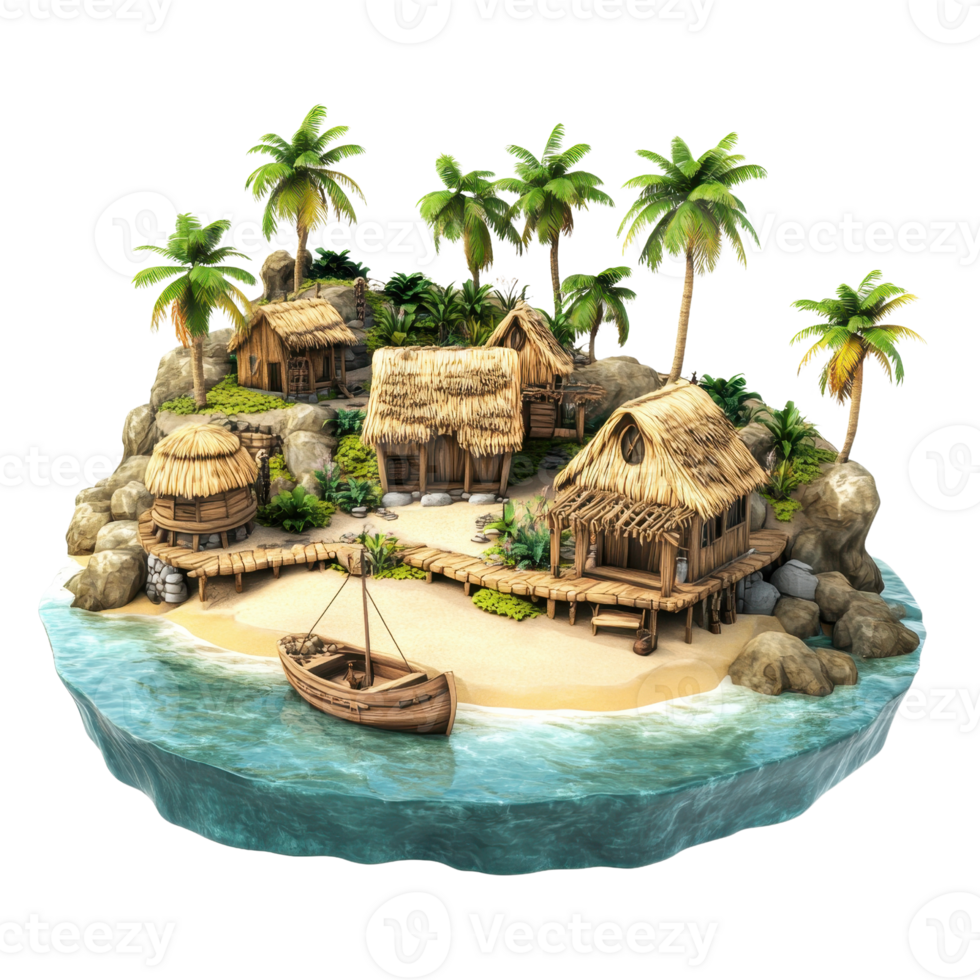 A serene tropical island with palm trees and traditional wooden huts by the beach. png